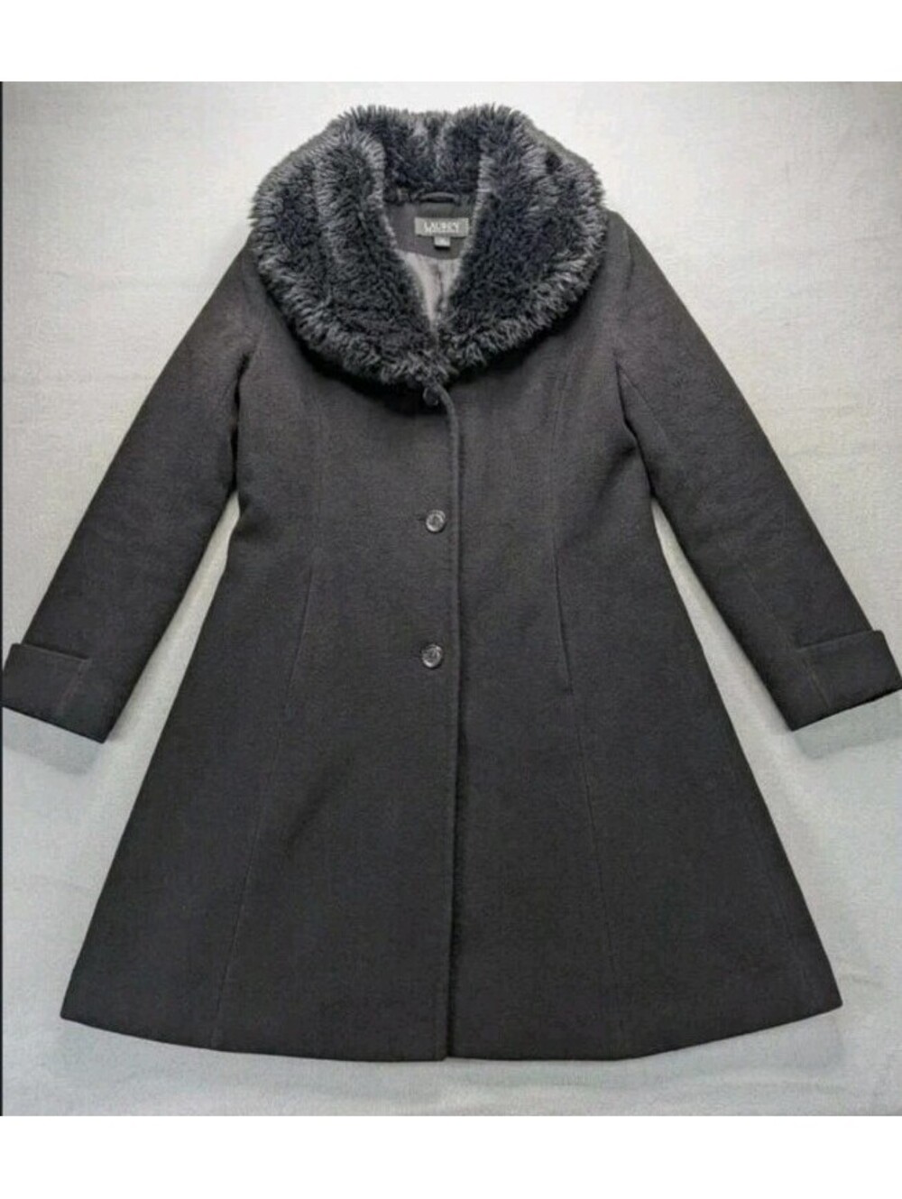 Lauren Ralph Lauren Coat Womens 10 Black Wool Fur Collar Overcoat Button Front